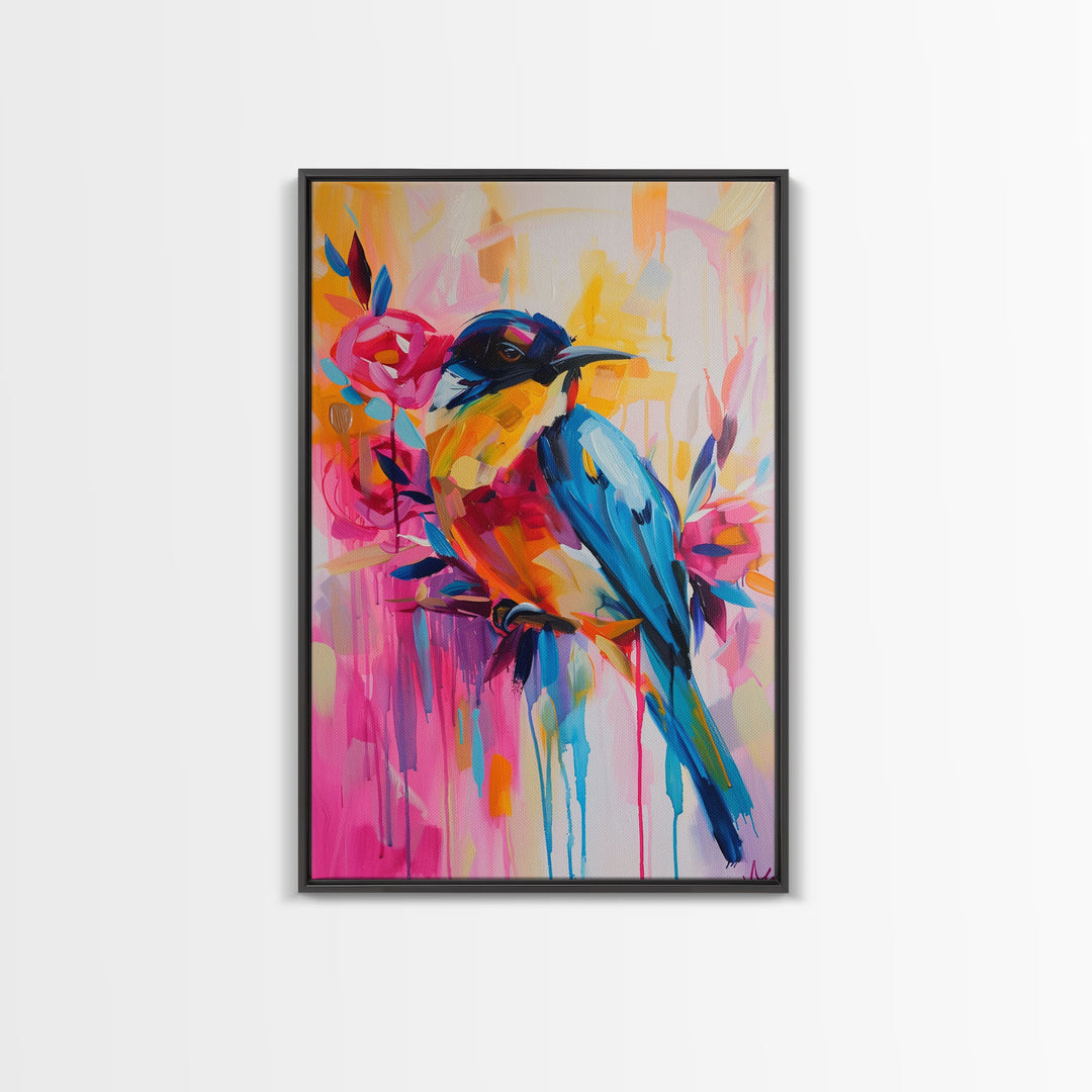 Vibrant Bird and Flowers in Colorful Pop Art Style - Framed Canvas Print Bird Decor, Floral Art for Living Room, Bright Wall Art for Bedroom