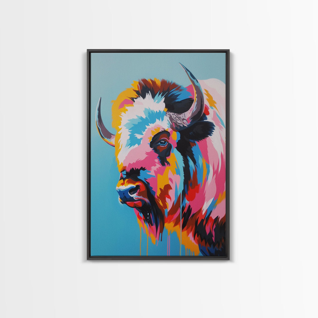 Vibrant Bison Portrait in Colorful Pop Art Style - Framed Canvas Print, Animal Decor, Bison Art for Living Room, Bright Wall Art for Home