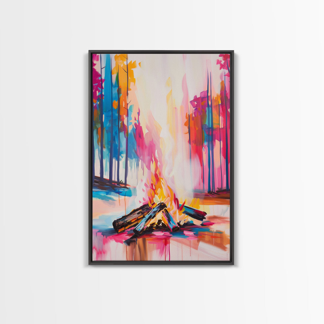 Vibrant Campfire Framed Canvas Print - Colorful Nature Wall Art, Living Room Decor, Modern Artwork, Unique Fire Art for Bedroom and Office