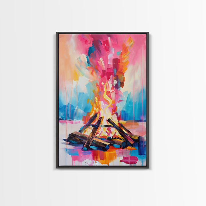 Abstract Campfire Framed Canvas Print - Colorful Fire Wall Art, Living Room Decor, Modern Artwork, Unique Nature Art for Bedroom and Office