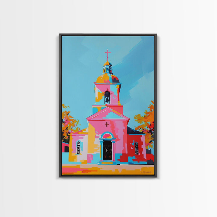 Abstract Church Painting with Bold Colors - Framed Canvas Print, Modern Religious Wall Art, Vibrant Church Decor for Home and Living Room