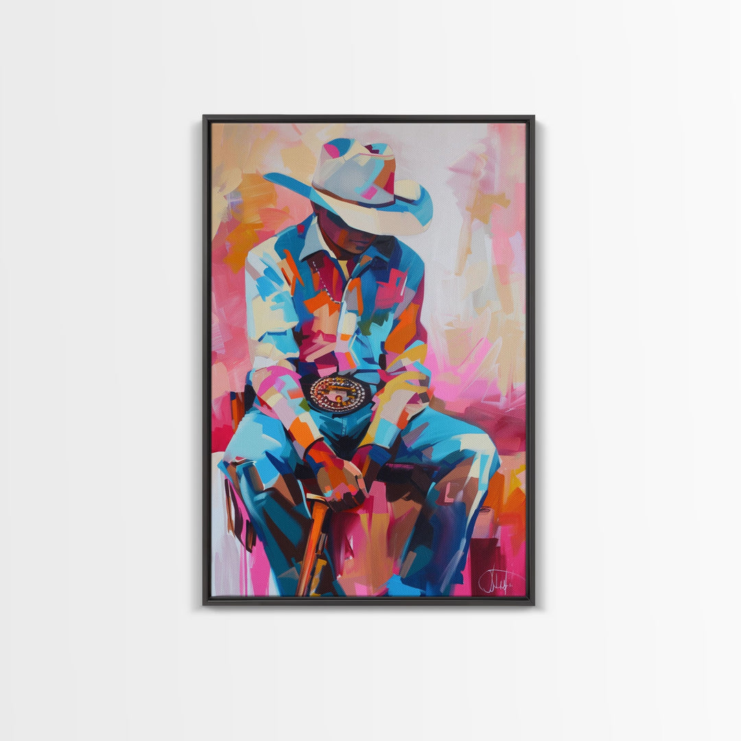 Vibrant Cowboy Portrait in Abstract Colors - Framed Canvas Print, Modern Western Decor, Colorful Cowboy Wall Art for Living Room or Bedroom