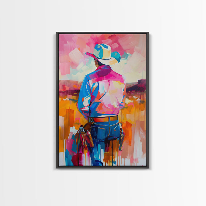 Abstract Cowboy Art in Pastel Hues - Framed Canvas Print, Contemporary Western Decor, Colorful Cowboy Wall Art for Living Room or Bedroom