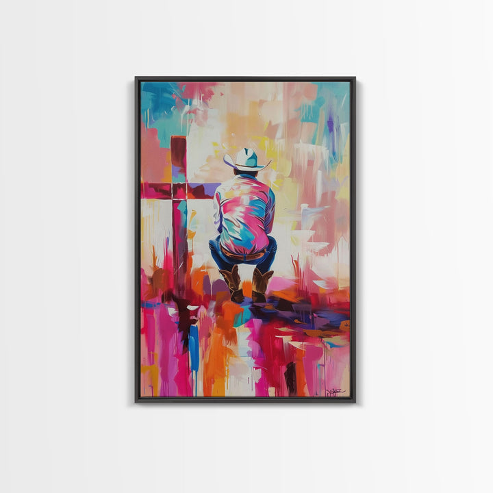 Abstract Cowboy with Cross in Bold Hues - Framed Canvas Print, Modern Western Decor, Vibrant Cowboy Wall Art for Living Room or Bedroom