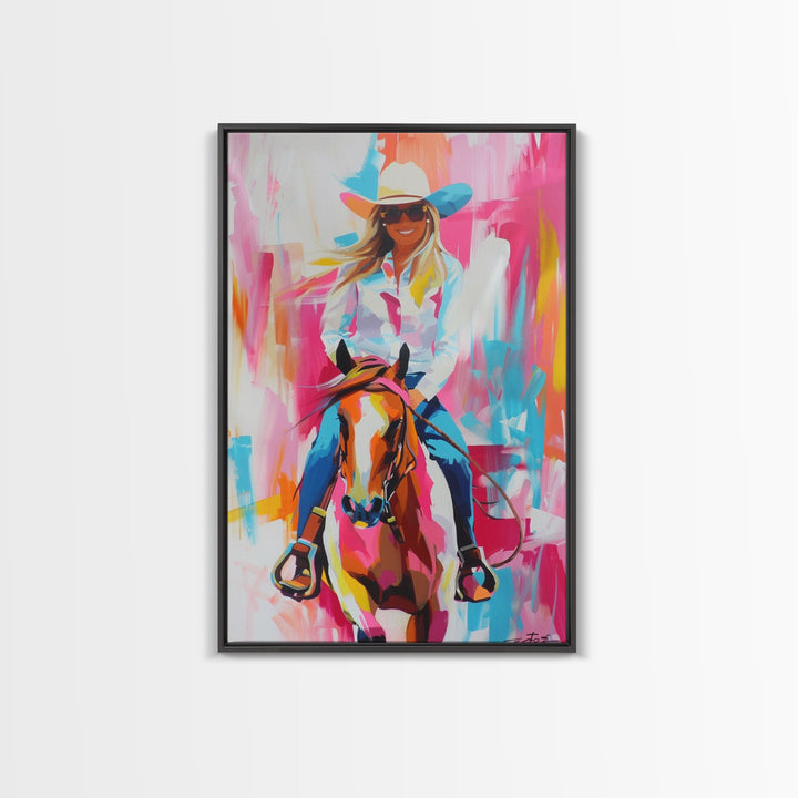 Smiling Cowgirl Riding Horse Art - Framed Canvas Print, Cheerful Living Room Decor, Colorful Western Wall Art, Horse Rider Artwork