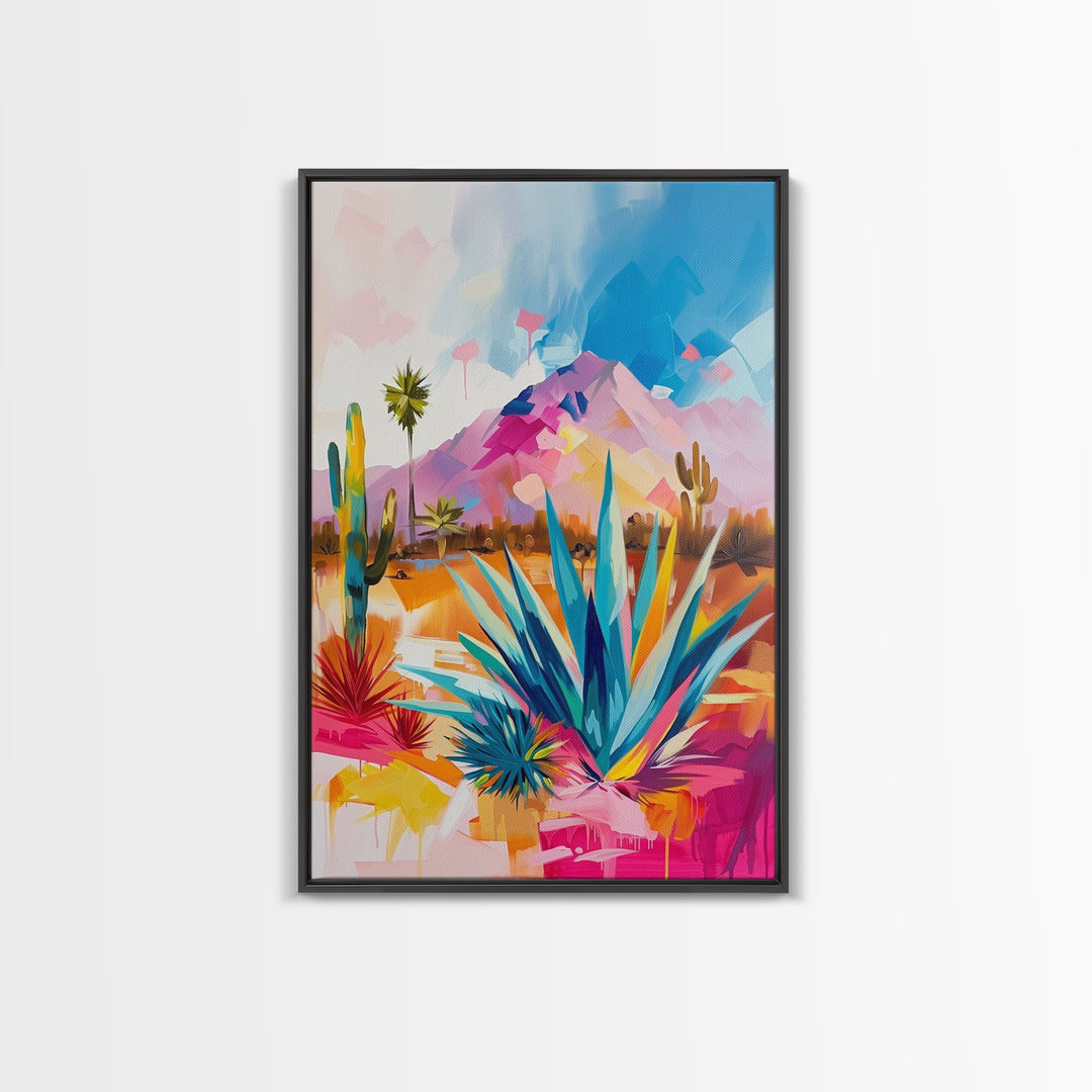 Vibrant Desert Landscape Art - Framed Canvas Print, Southwestern Decor, Modern Living Room Wall Art, Colorful Cactus and Mountains