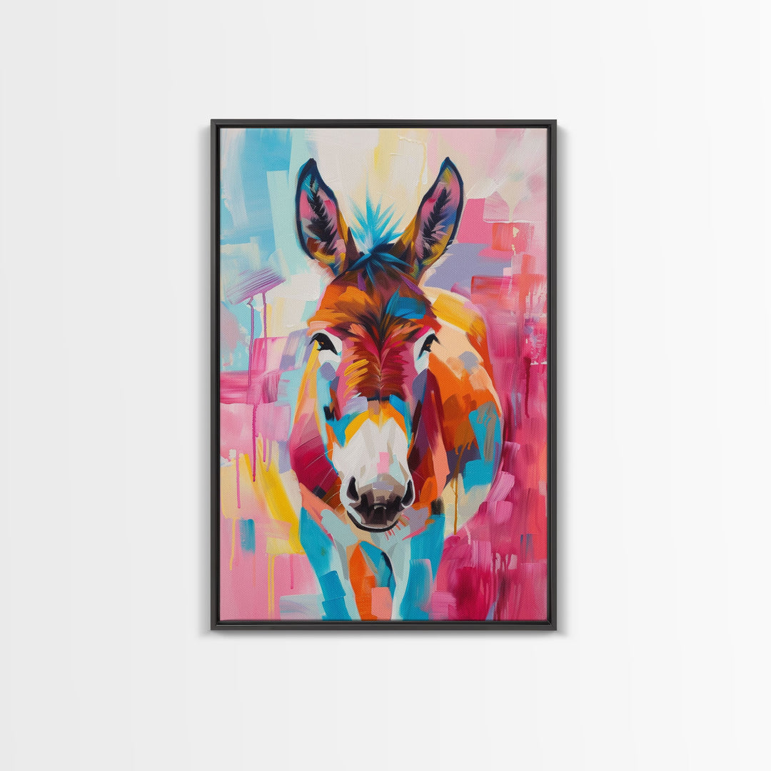 Vibrant Donkey Close-up Art - Framed Canvas Print, Southwestern Decor, Colorful Living Room Wall Art, Modern Animal Portrait