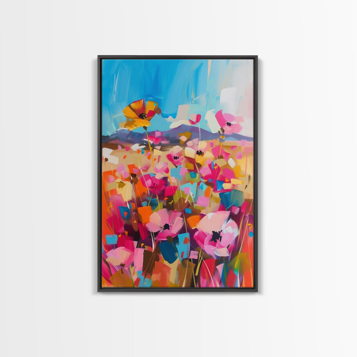 Wildflower Meadow in Bloom Framed Canvas Print - Bright Floral Wall Art, Cheerful Living Room Decor, Colorful Bedroom Art, Nature Art