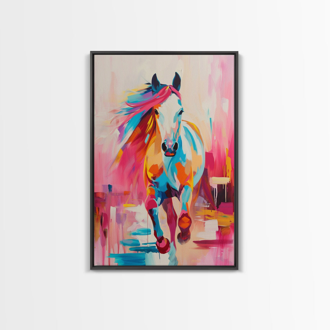 Vibrant Horse in Motion Framed Canvas Print - Dynamic Horse Wall Art, Colorful Living Room Decor, Energetic Bedroom Art, Equestrian Home Art