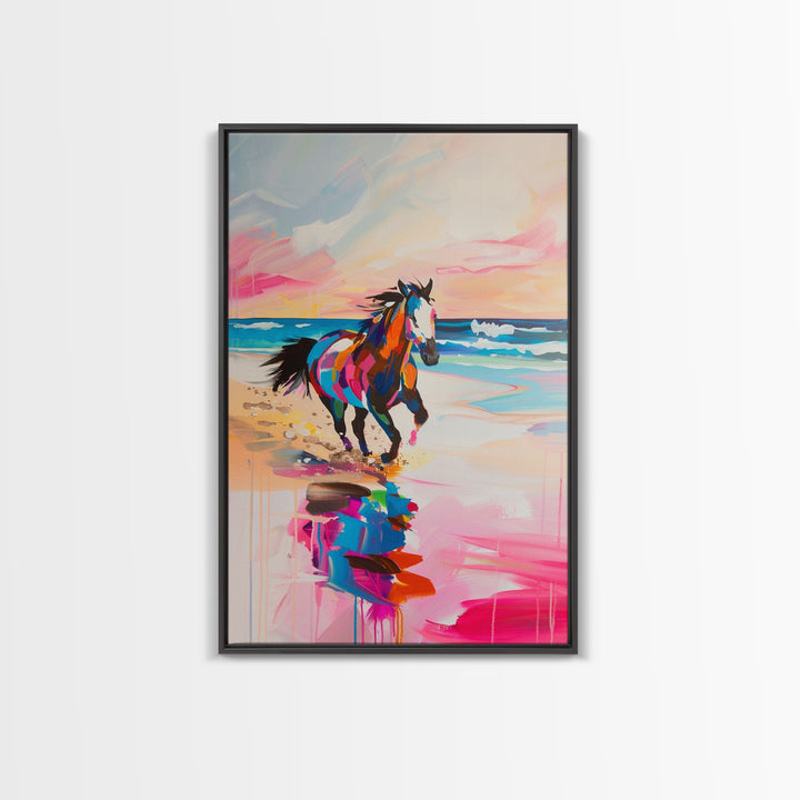 Vibrant Horse on the Beach - Framed Canvas Print, Colorful Wall Art, Coastal Living Room Decor, Modern Horse Artwork, Beach Art Print