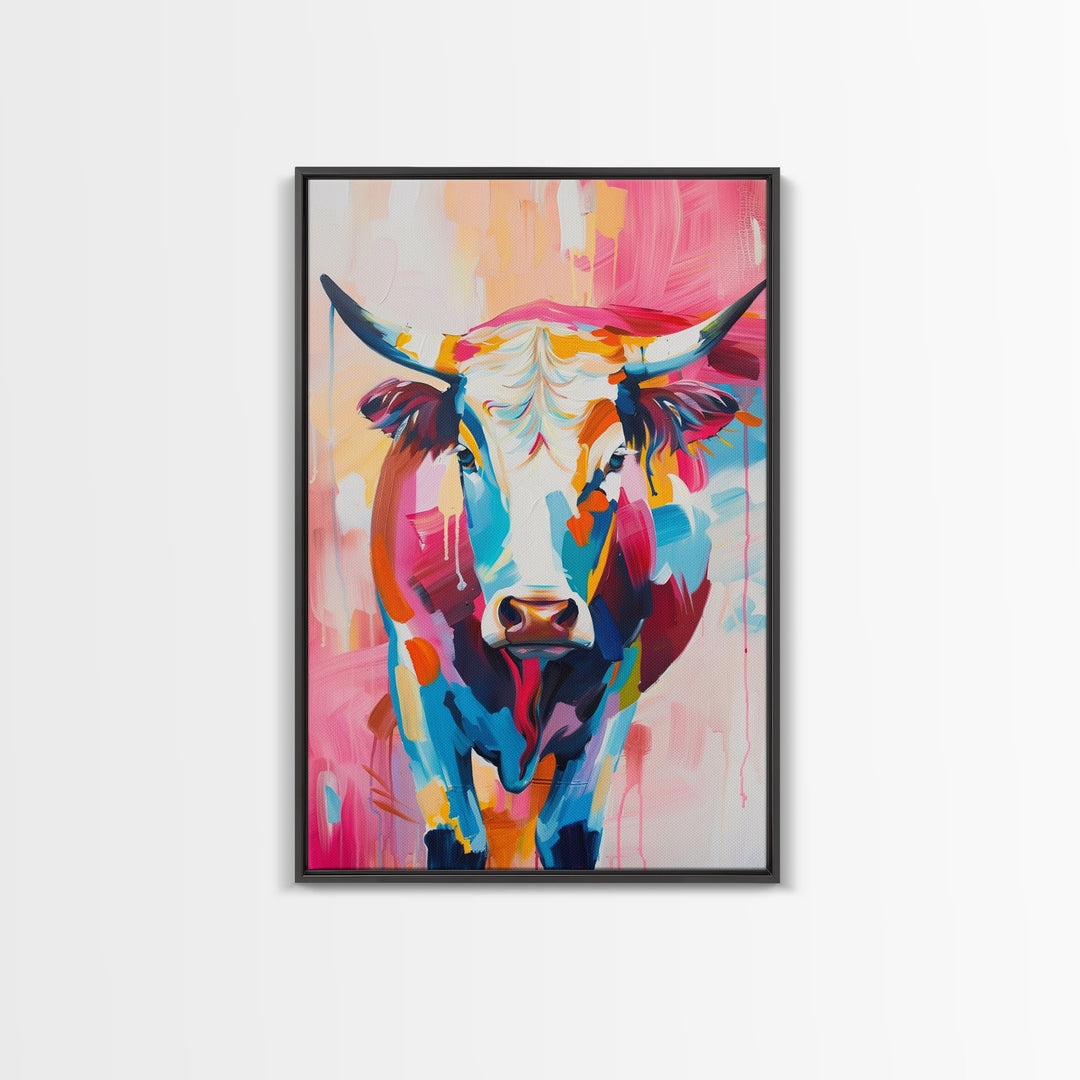 Vibrant Cow Head in Bold Colors - Framed Canvas Print, Modern Wall Art, Living Room Decor Colorful Animal Artwork, Cow Portrait, Bedroom Art