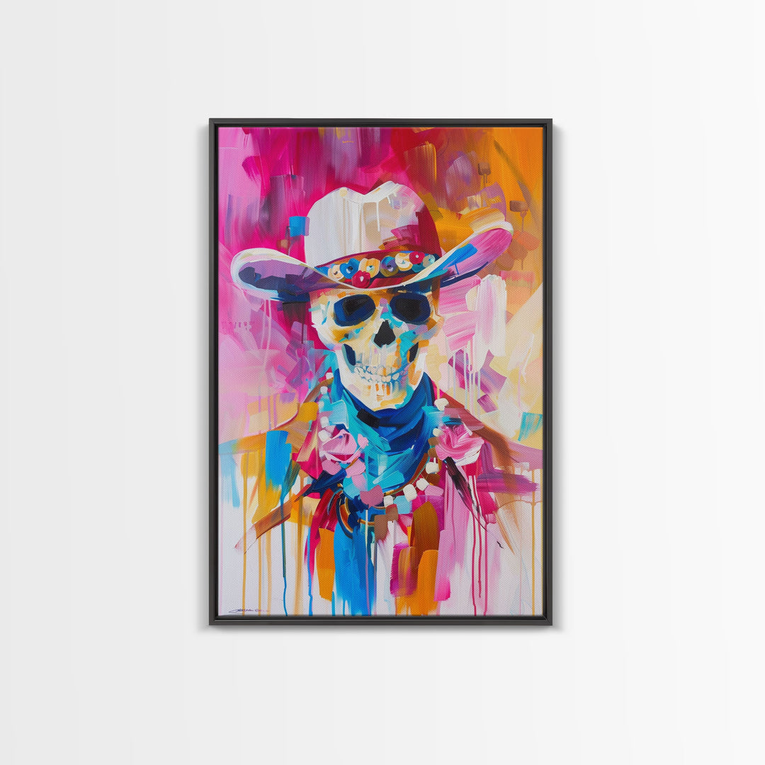 Vibrant Skeleton Cowboy Art - Framed Canvas Print, Colorful Western Decor, Skull Art, Living Room Wall Art, Unique Home Decor