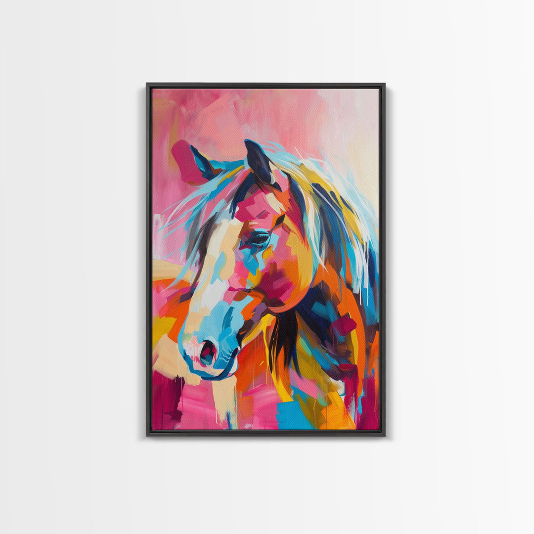 Vibrant Horse Head Painting - Framed Canvas Print, Colorful Living Room Decor, Bold Wall Art, Unique Home Decor