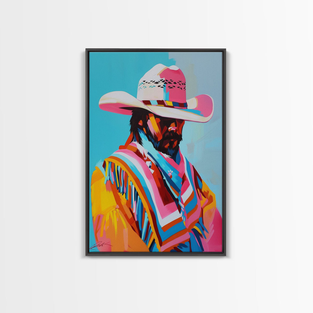 Vibrant Cowboy Portrait - Framed Canvas Print, Colorful Living Room Decor, Bold Wall Art, Unique Home Decor