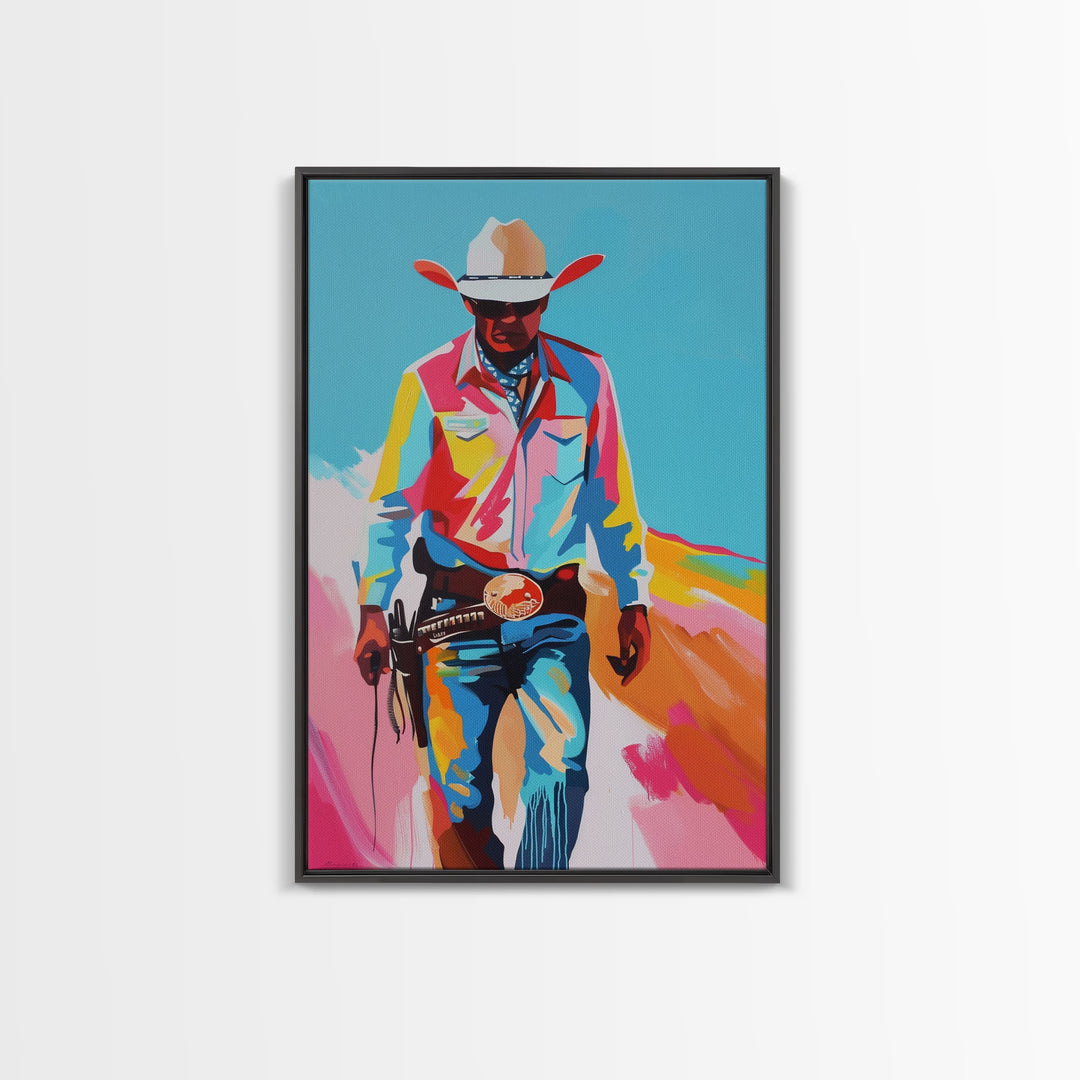 Vibrant Cowboy in Desert Silhouette - Framed Canvas Print, Colorful Western Art, Modern Cowboy Wall Art for Living Room Decor