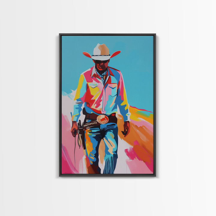 Vibrant Cowboy in Desert Silhouette - Framed Canvas Print, Colorful Western Art, Modern Cowboy Wall Art for Living Room Decor