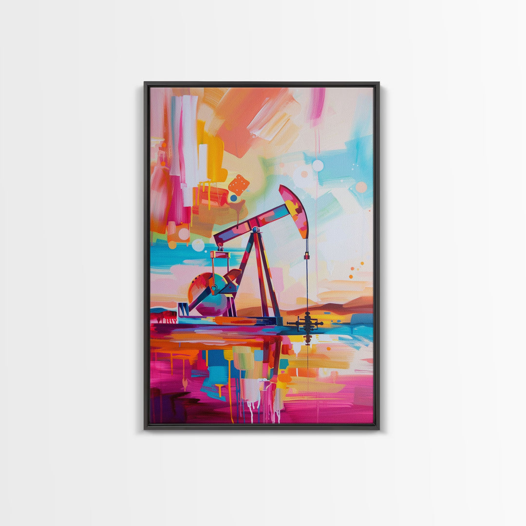 Vibrant Abstract Oil Rig Art - Framed Canvas Print, Modern Industrial Decor, Colorful Oil Pump Wall Art, Unique Living Room Artwork