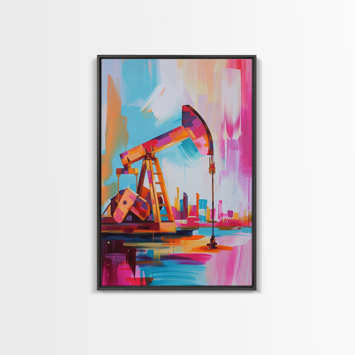 Colorful Oil Derrick Canvas Art - Framed Canvas Print, Contemporary Industrial Decor, Modern Oil Rig Wall Art, Bold Bedroom Decor