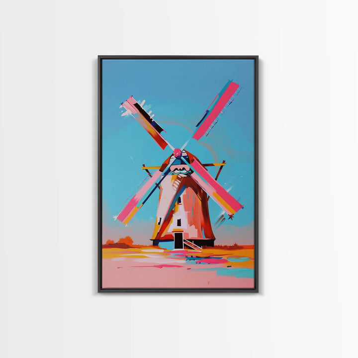 Playful Windmill Canvas Art - Framed Canvas Print, Modern Farmhouse Decor, Bright Windmill Wall Art, Vibrant Bedroom Artwork