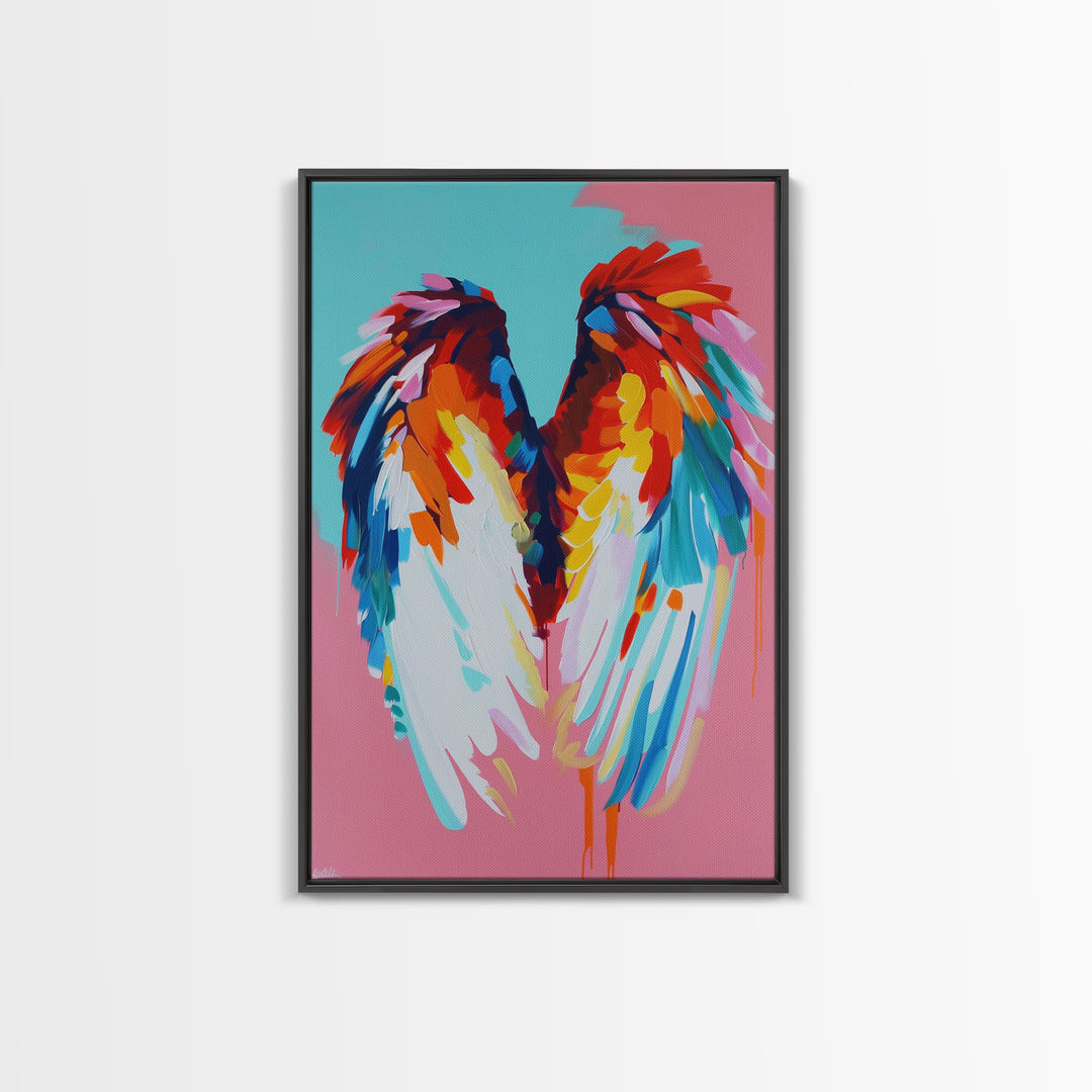 Angel Wings Abstract Art - Framed Canvas Print, Colorful Wing Decor, Modern Angel Wall Art, Whimsical Bedroom Decoration