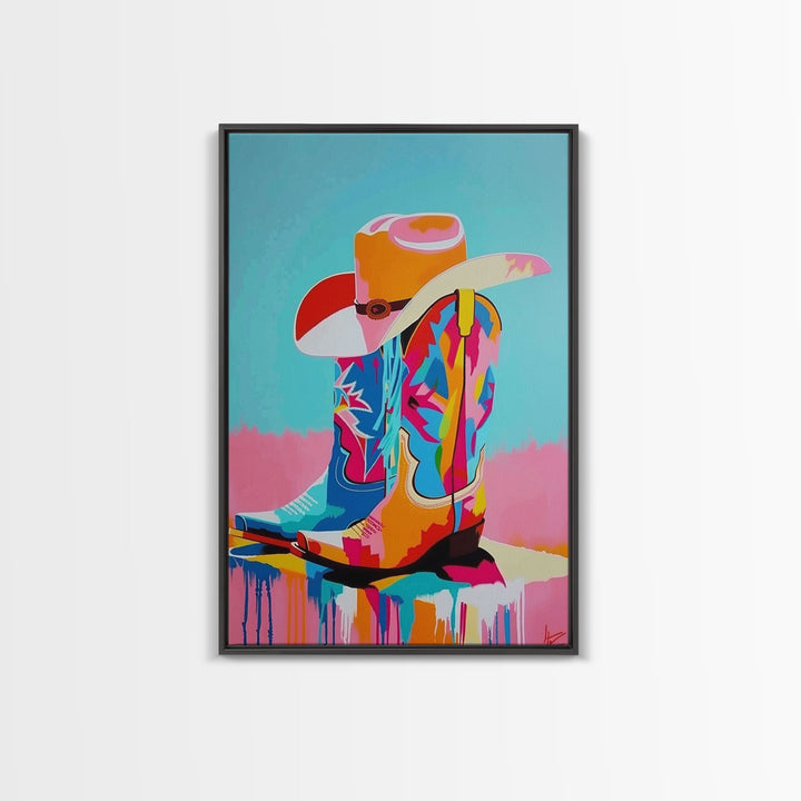 Colorful Cowboy Boots and Hat Illustration - Framed Canvas Print, Vibrant Western Decor, Cowboy Art for Living Room, Western Wall Art