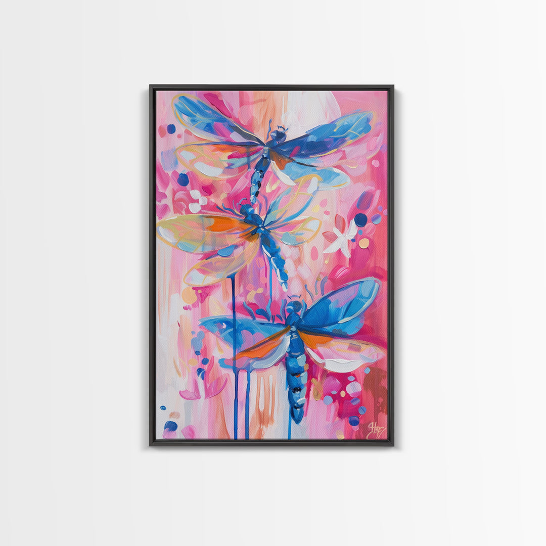 Abstract Dragonfly Trio in Vibrant Colors - Framed Canvas Print, Colorful Nature Art, Living Room Decor, Bedroom Wall Art