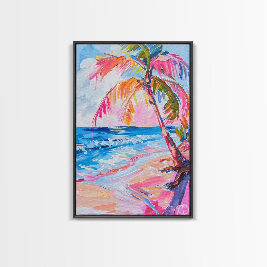 Colorful Beach Umbrella and Starfish Art - Framed Canvas Print, Vibrant Coastal Decor, Beach Art for Living Room, Summer Wall Art