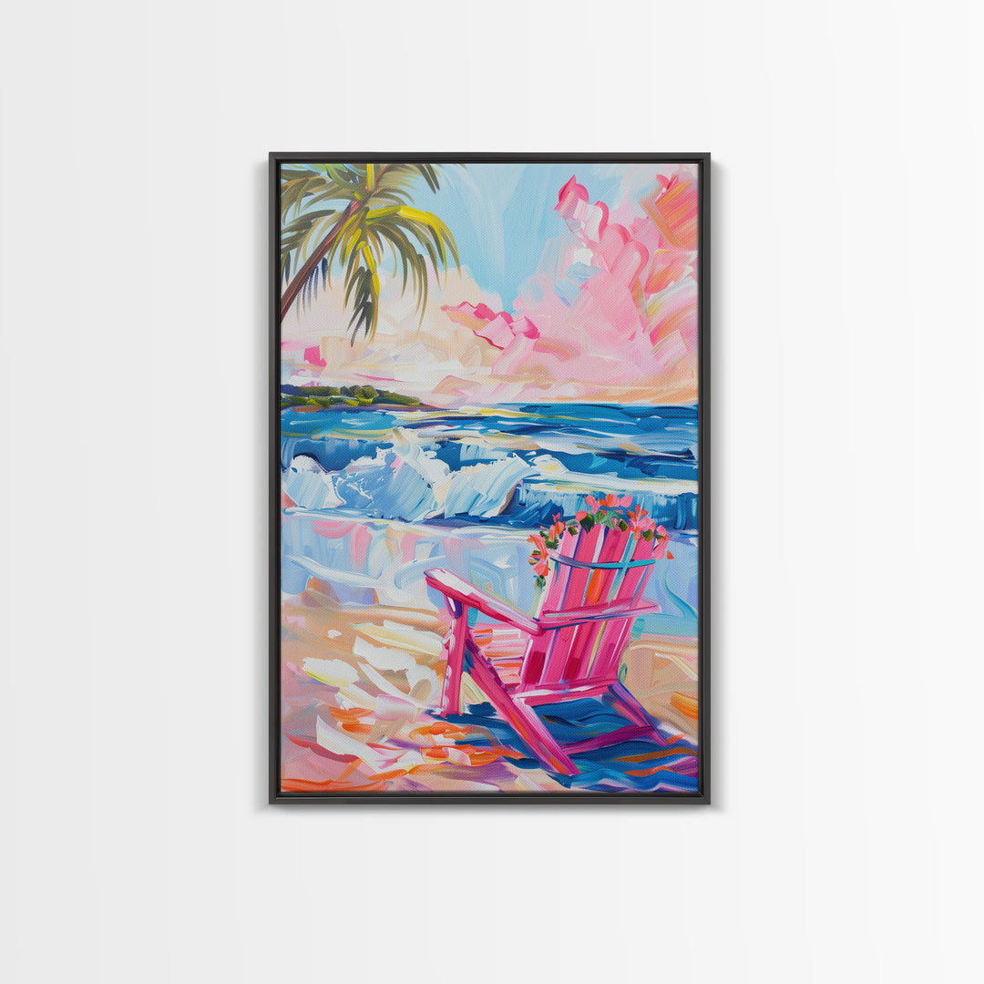 Vibrant Beach Scene with House and Palm Trees - Framed Canvas Print, Colorful Coastal Art, Living Room Decor, Beach House Wall Art