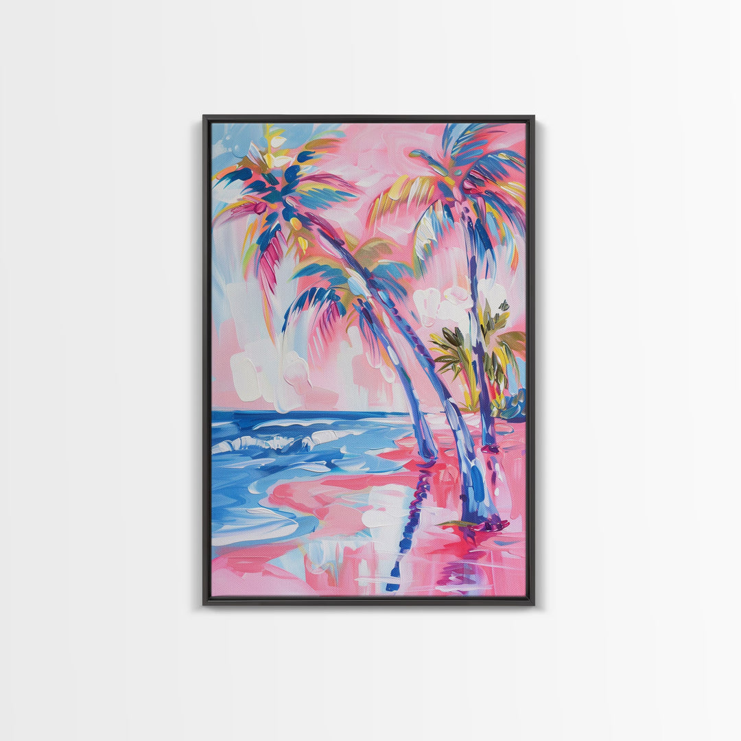 Vibrant Palm Trees and Ocean Waves in Abstract Style - Framed Canvas Print, Coastal Wall Art, Tropical Beach Decor for Living Room