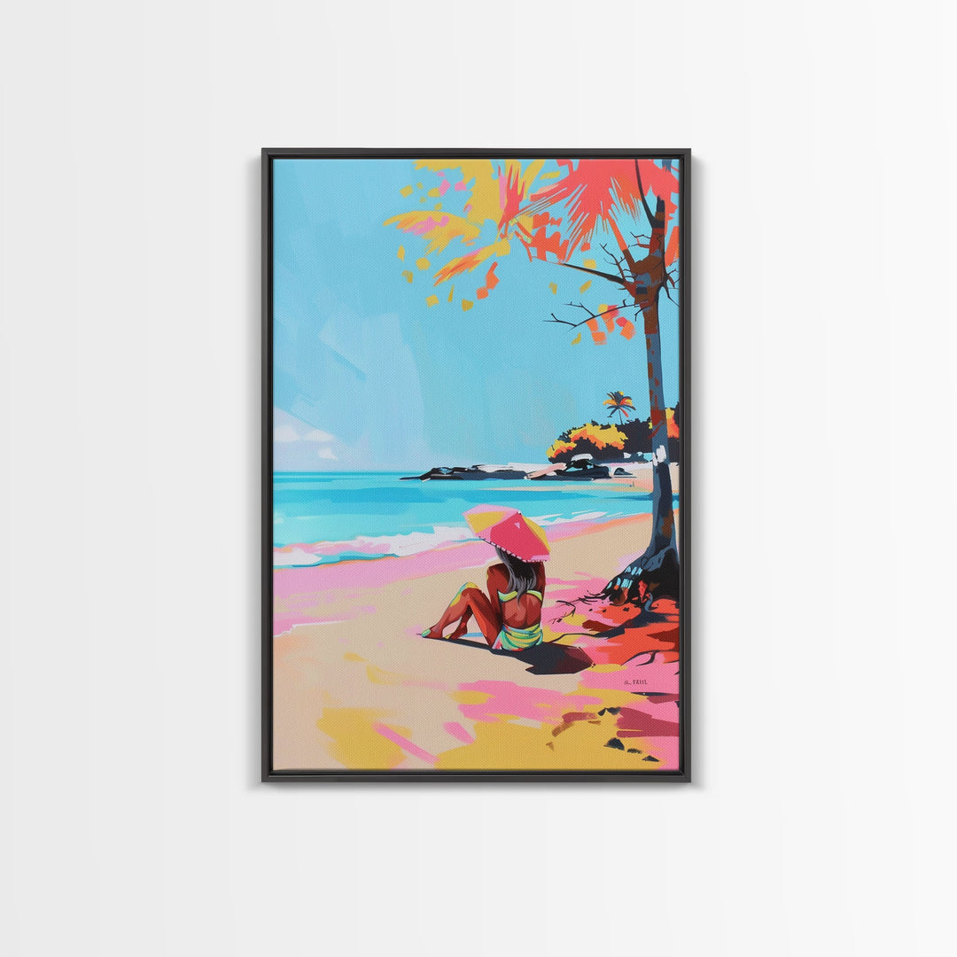 Woman Relaxing on the Beach Under a Parasol - Framed Canvas Print, Summer Vibes Wall Art, Relaxation Decor for Bedroom