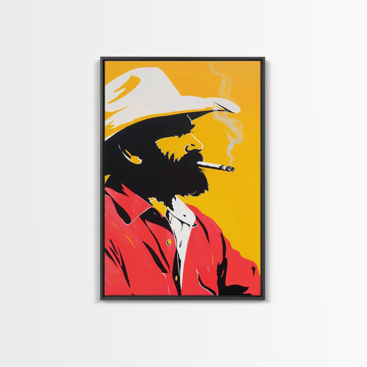 Silhouette of Bearded Man Smoking - Framed Canvas Print, Bold Pop Art, Modern Wall Art for Living Room or Man Cave