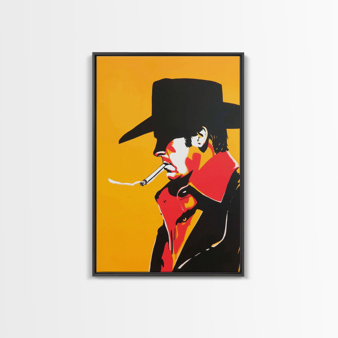 Mysterious Cowboy Smoking Cigarette - Framed Canvas Print, Western Pop Art, Bold Wall Art for Living Room or Bar