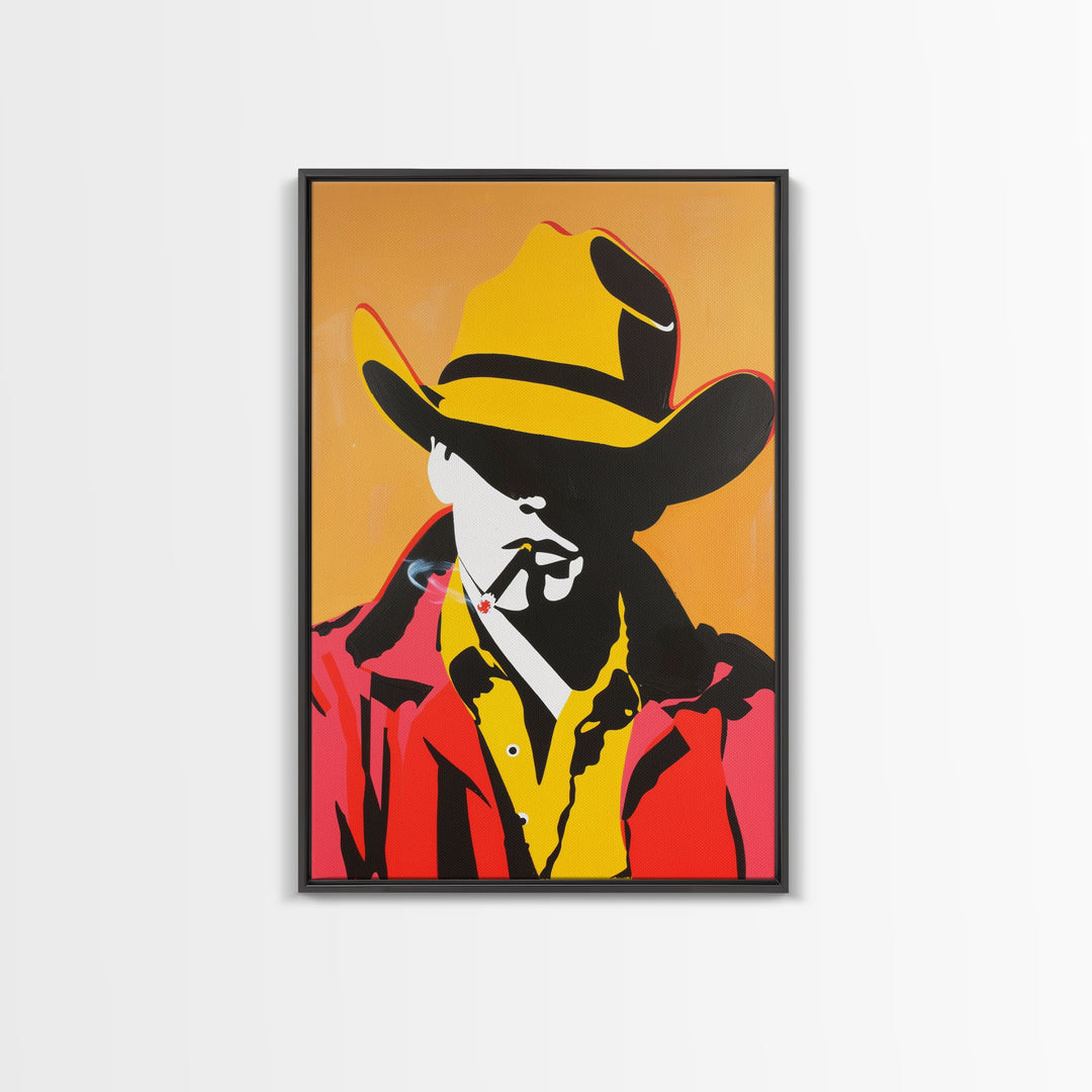 Bold Cowboy Silhouette with Cigarette | Framed Canvas Print | Western Wall Art | Cowboy Art | Living Room Decor | Rustic Home Decor