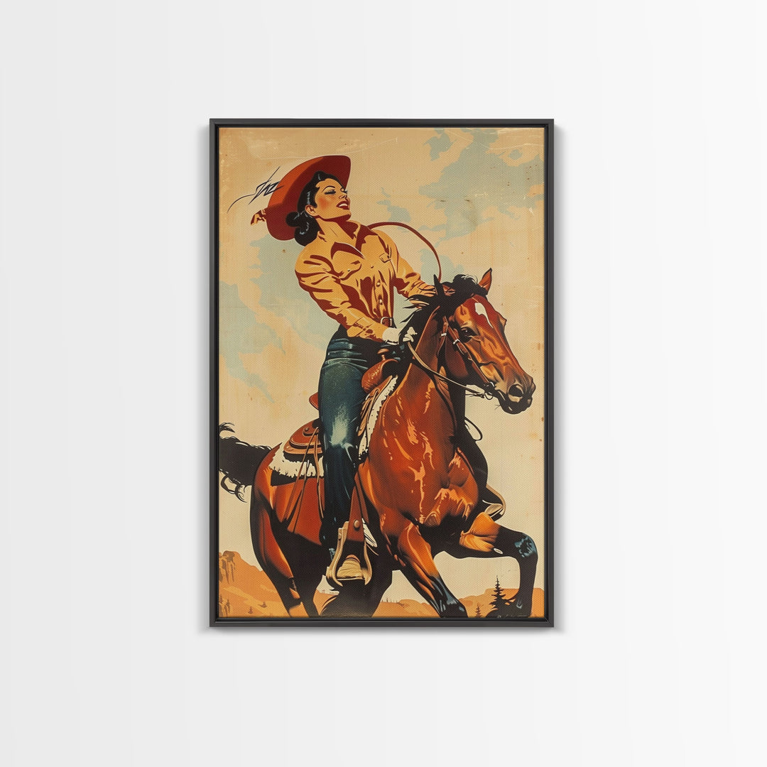 Dynamic Cowgirl on Horseback in Action | Framed Canvas Print | Western Wall Art | Living Room Decor | Rustic Home Decor