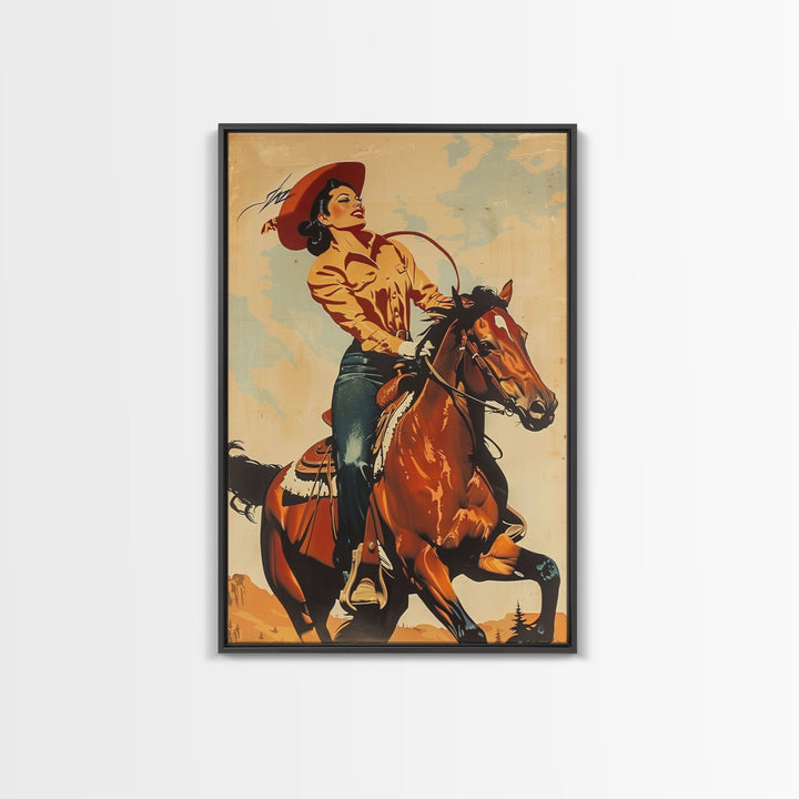 Dynamic Cowgirl on Horseback in Action | Framed Canvas Print | Western Wall Art | Living Room Decor | Rustic Home Decor