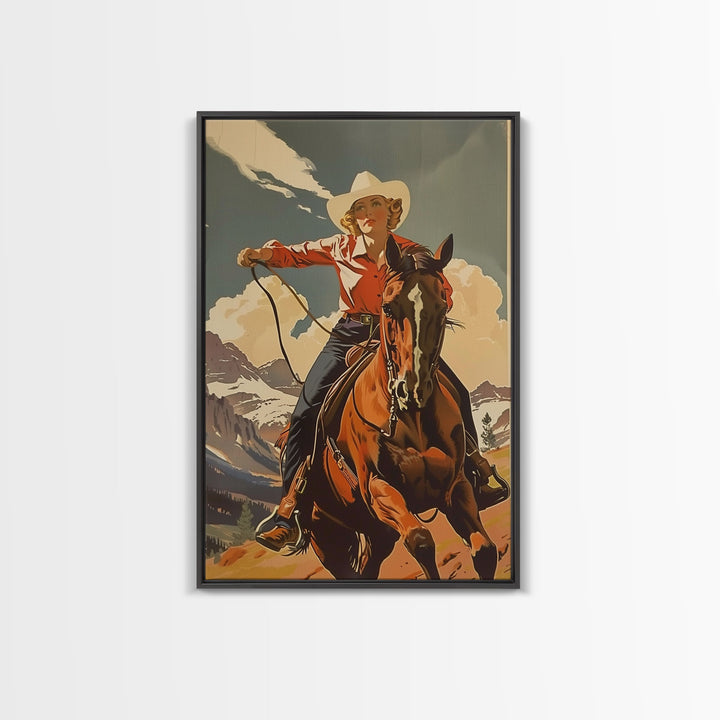 Brave Cowgirl in Mountains with Horse | Framed Canvas Print | Western Wall Art | Living Room Decor | Rustic Home Decor