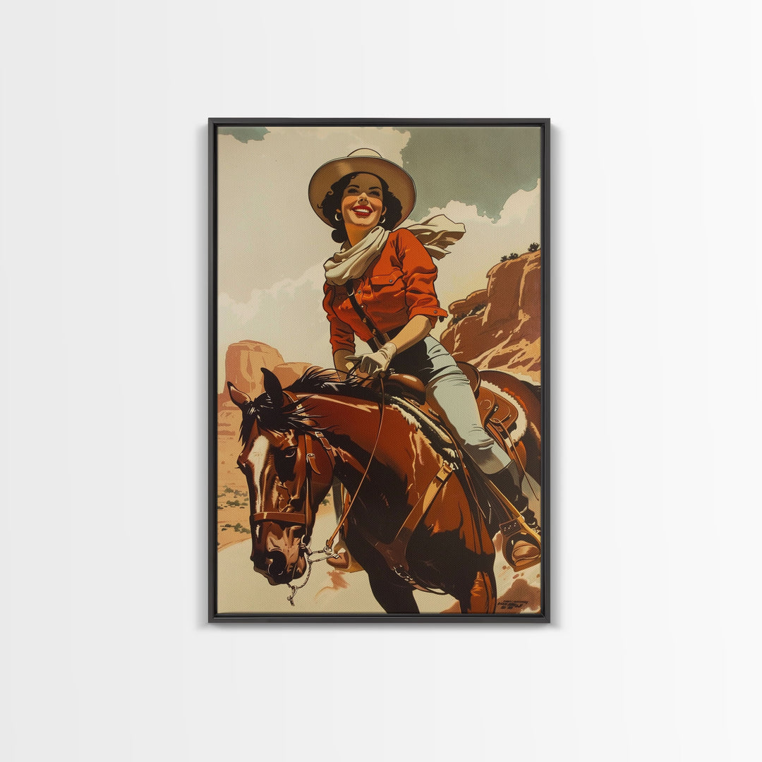 Smiling Cowgirl Riding Through Desert | Framed Canvas Print | Western Wall Art | Living Room Decor | Rustic Home Decor