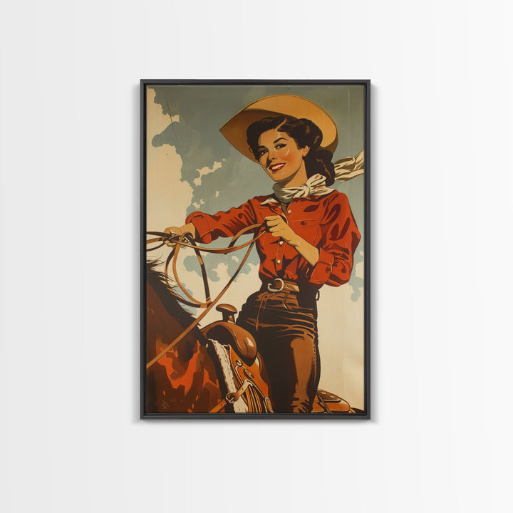 Classic Cowgirl with Red Outfit on Horse | Framed Canvas Print | Western Wall Art | Living Room Decor | Rustic Home Decor