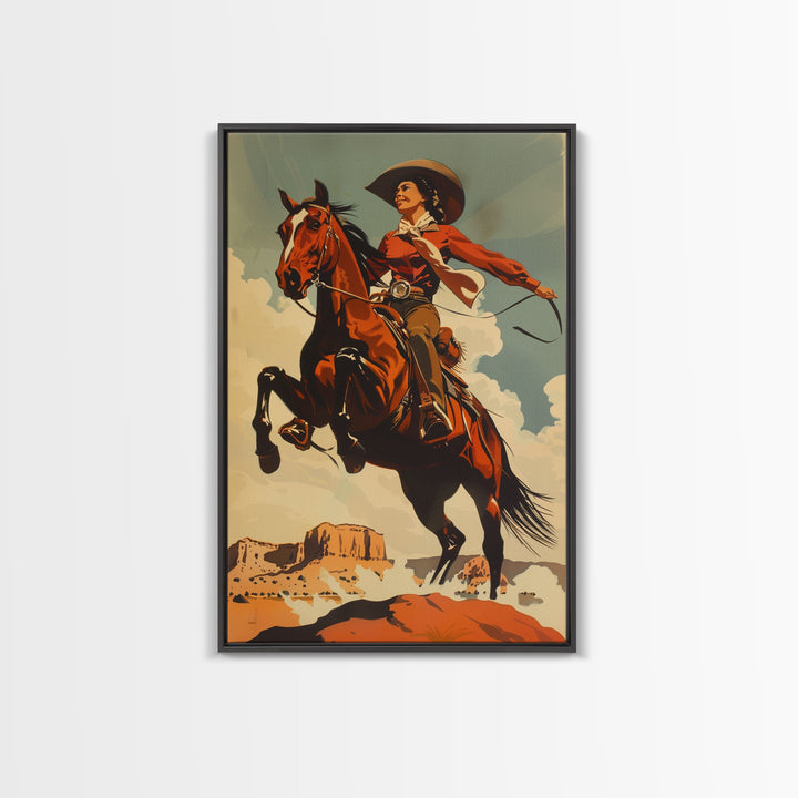 Elegant Cowgirl Commanding Horse | Framed Canvas Print | Western Wall Art | Living Room Decor | Rustic Home Decor