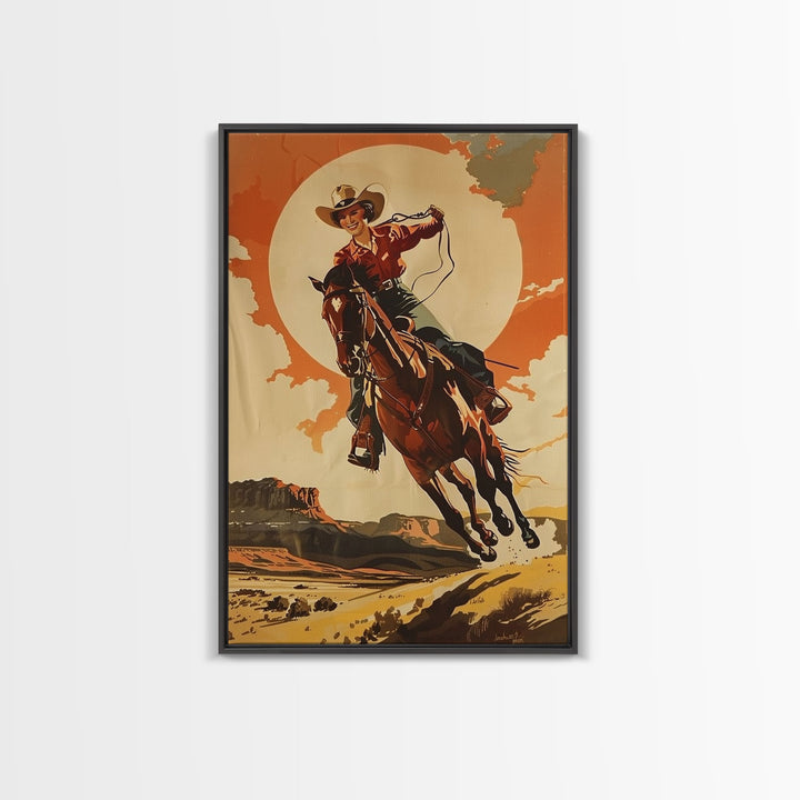 Spirited Cowgirl Racing Horse in Desert | Framed Canvas Print | Western Wall Art | Living Room Decor | Rustic Home Decor