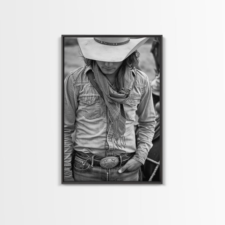 Cowboy with Hat and Scarf Looking Down in Black and White for Western Wall Art, Canvas Prints, Home Decor, Living Room Art, Bedroom Art