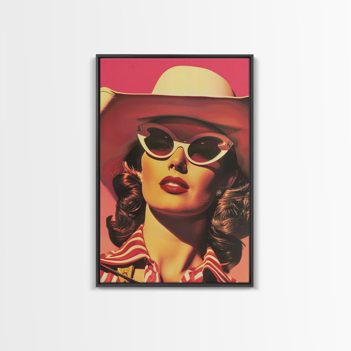 Retro Cowgirl in Sunglasses with Hat Art | Framed Canvas Print | Vintage Western Decor | Classic Cowgirl Wall Art for Home Decor