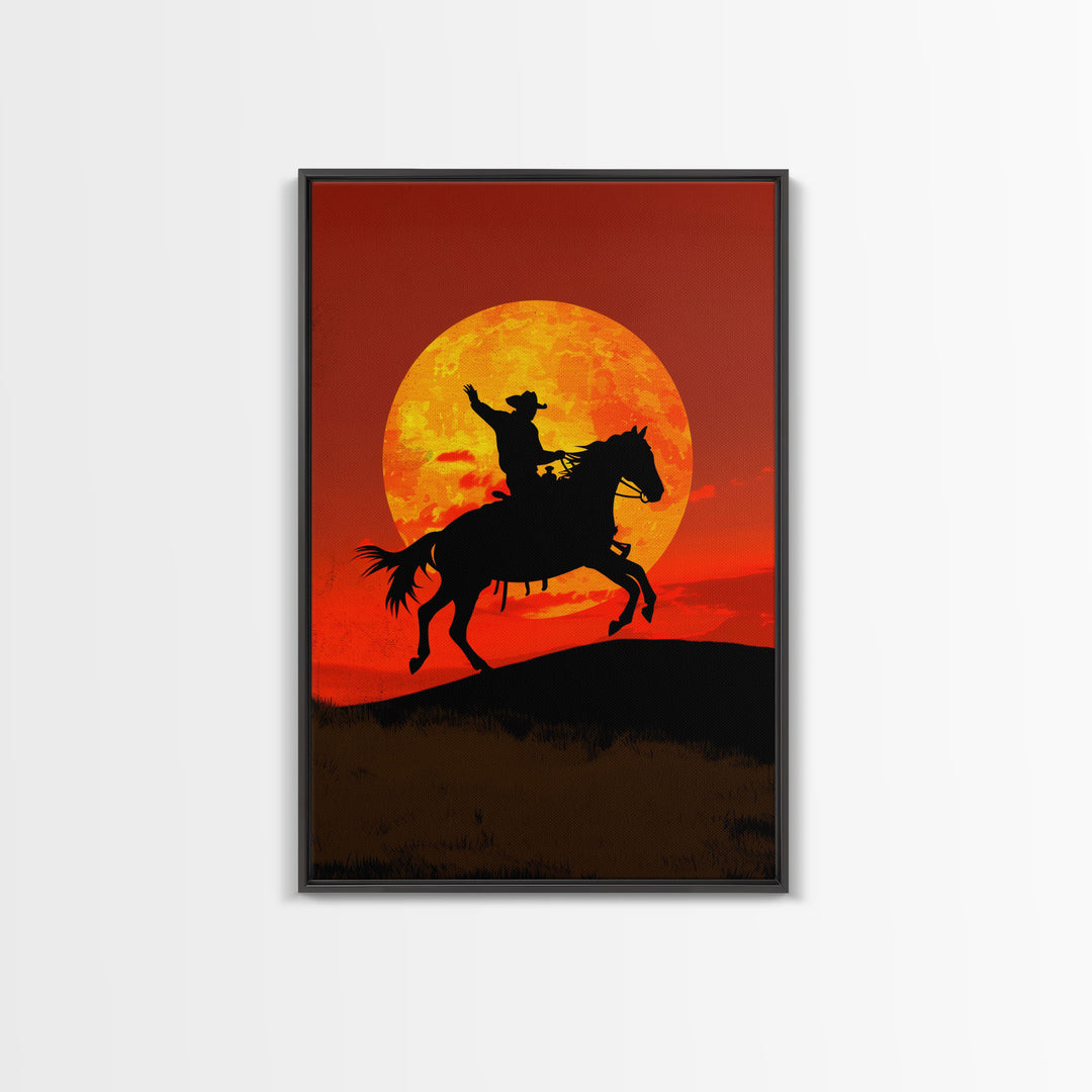 Cowboy Silhouette on Horseback at Sunset | Framed Canvas Print | Western Landscape Art | Rustic Cowboy Wall Art for Living Room