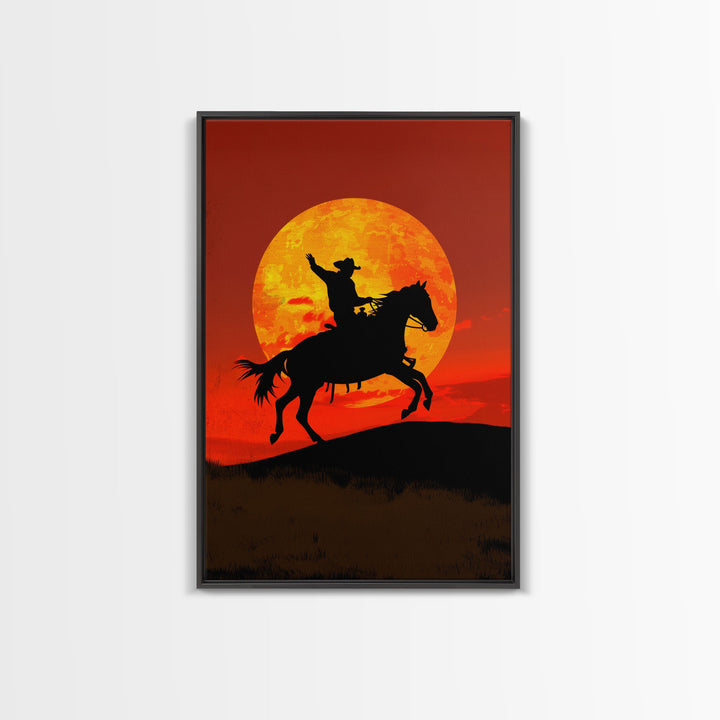 Cowboy Silhouette on Horseback at Sunset | Framed Canvas Print | Western Landscape Art | Rustic Cowboy Wall Art for Living Room