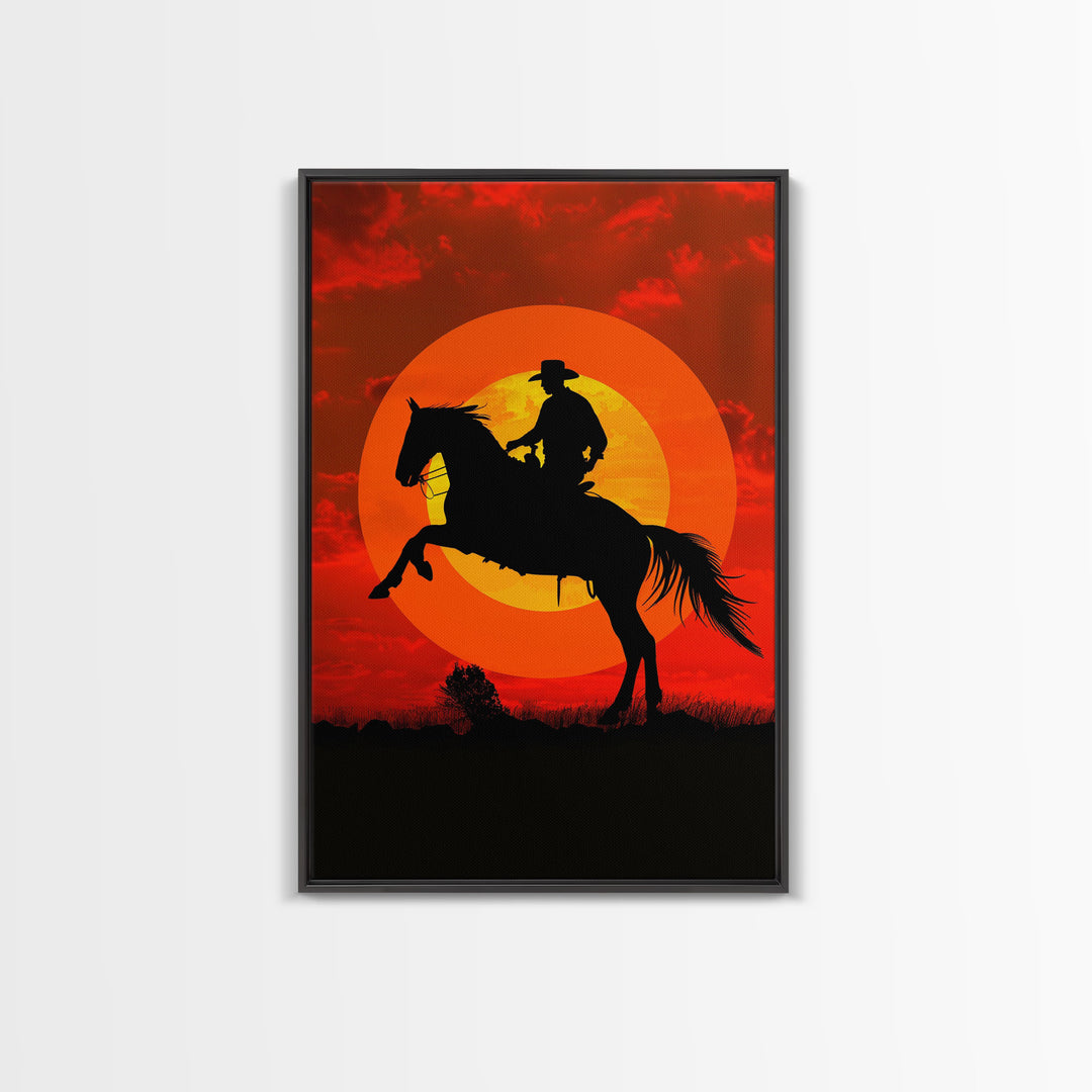 Cowboy on Horse with Dramatic Sunset Background | Framed Canvas Print | Western Silhouette Art | Sunset Cowboy Wall Art for Bedroom