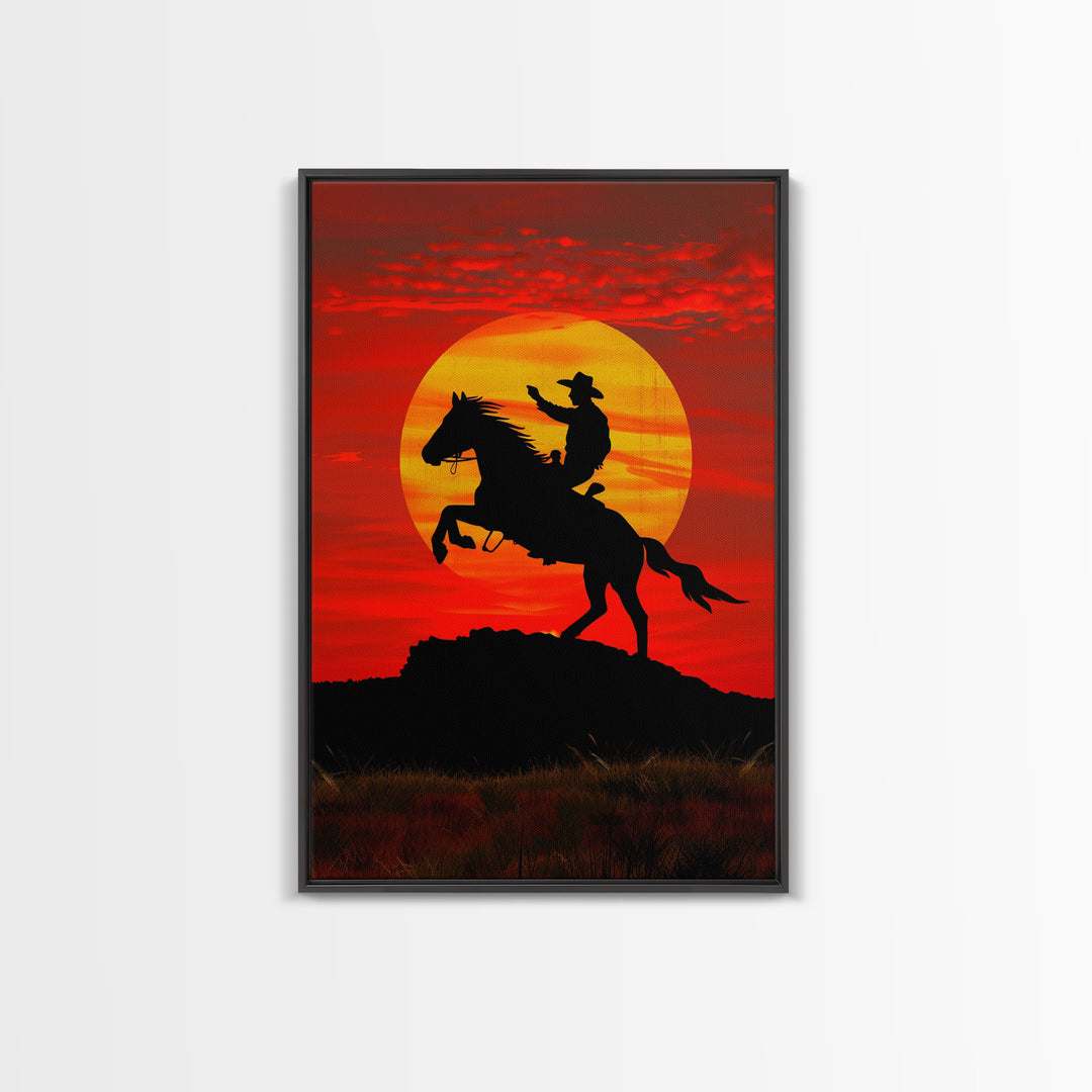 Dynamic Cowboy Horse Ride Silhouette at Sunset | Framed Canvas Print | Western Wall Art | Sunset Horseback Wall Art for Home Decor