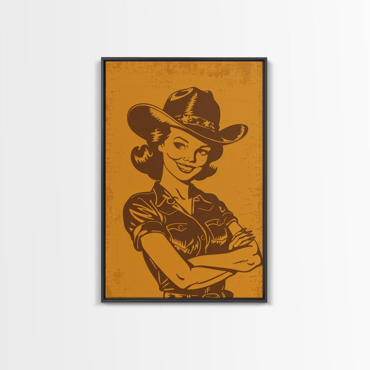 Retro Cowgirl Illustration in Yellow | Framed Canvas Print | Vintage Western Decor | Classic Cowgirl Wall Art for Living Room