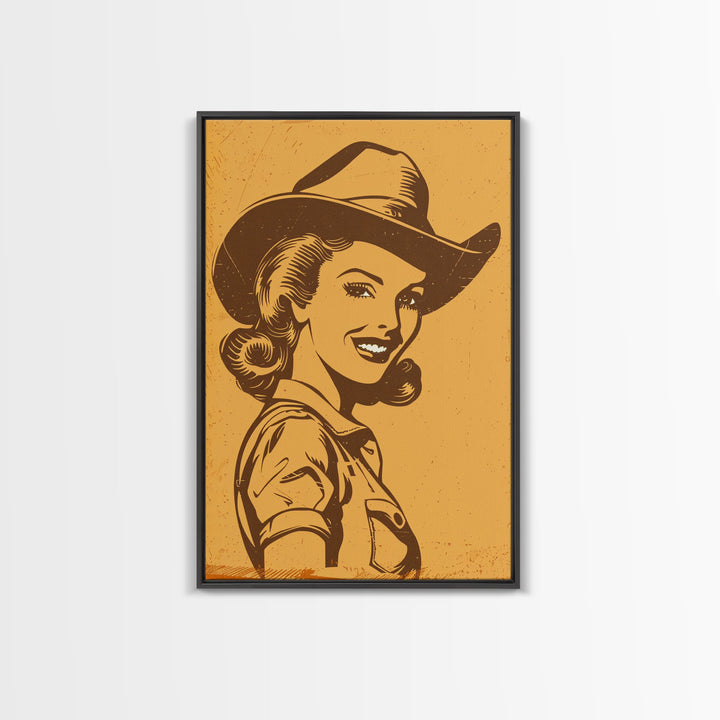 Smiling Retro Cowgirl in Hat Illustration | Framed Canvas Print | Vintage Western Art | Retro Cowgirl Wall Art for Bedroom Decor