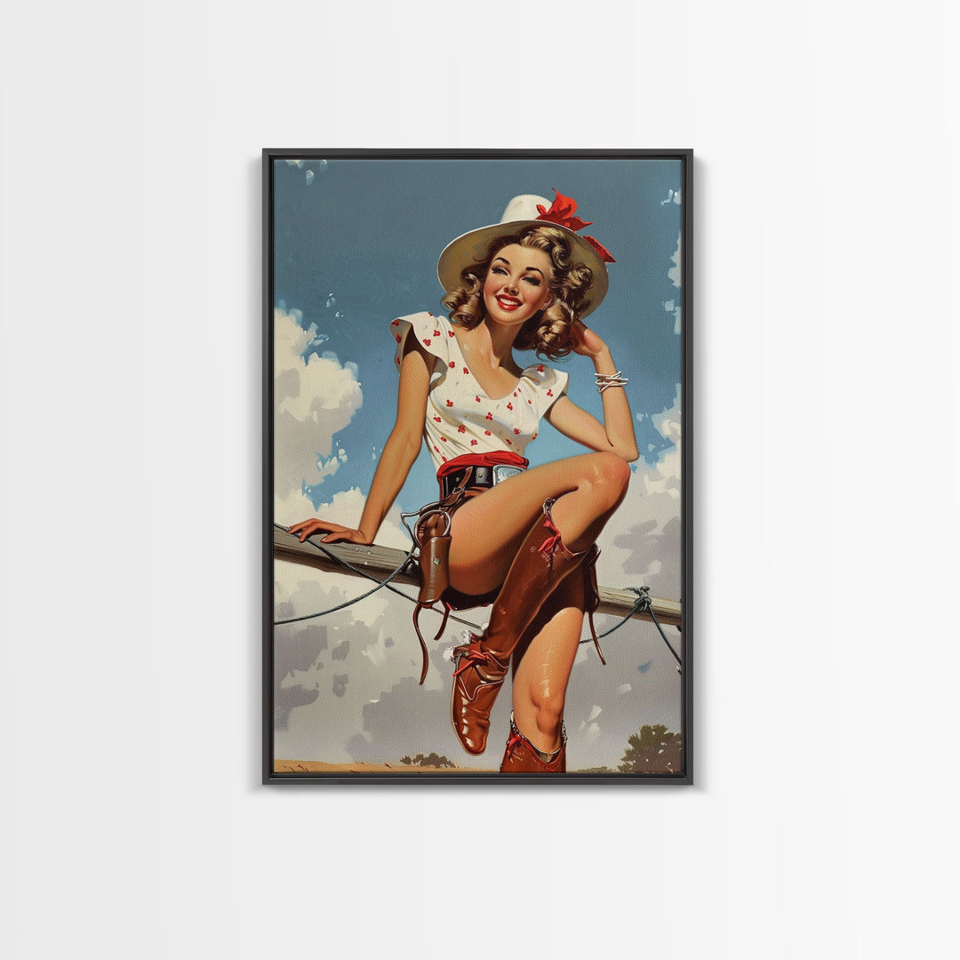 Classic Cowgirl Pin-Up Art Print, Vintage Western Framed Canvas, Retro Pin-Up Girl in Cowboy Hat and Boots, Unique Home Decor