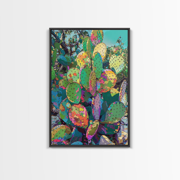 Vibrant Prickly Pear Cactus in Abstract Style - Framed Canvas Print, Colorful Desert Decor, Living Room Art, Cactus Wall Art for Home